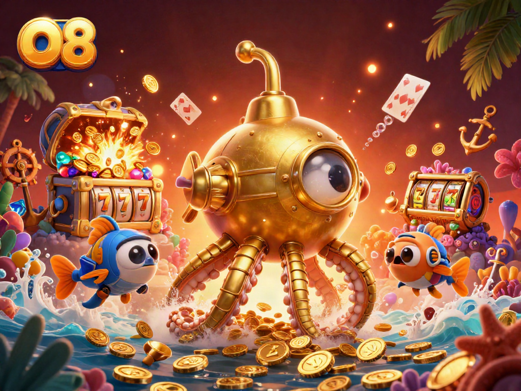 Spin the reels in the O8 golden kraken casino scene filled with treasures and excitement.