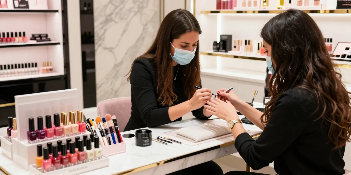 Proses aplikasi nail art LUXURY12 dengan produk kecantikan mewah dan suasana santai di toko.
