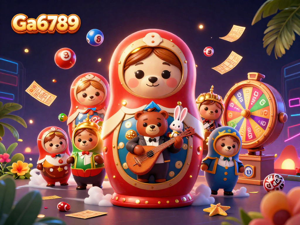 Ga6789 brings excitement with a vibrant 3D illustration of casino thrill, featuring festive elements and playful characters.