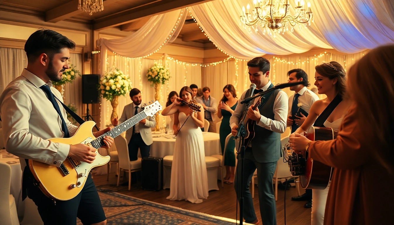 Trupa cover nunta energizing a wedding celebration with live music and guests enjoying.