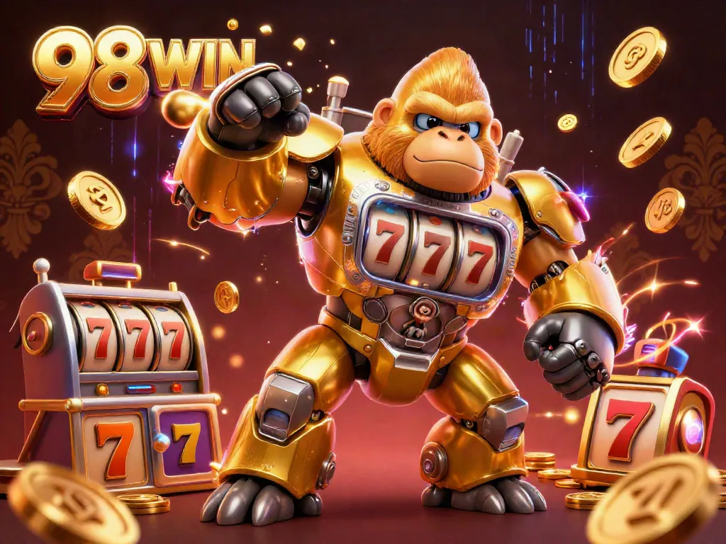 Spin to win at 98WIN with a dynamic scene of a golden gorilla mech and slot machines.