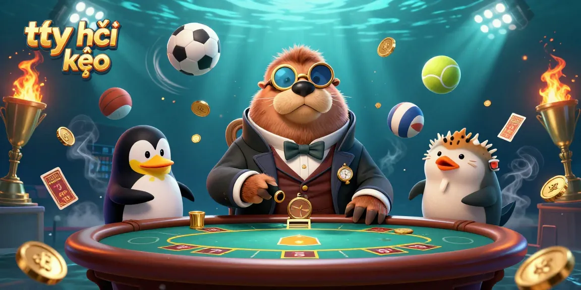 Bet on tỷ lệ kèo with a playful walrus and clever penguin dealer at an underwater sports betting table.