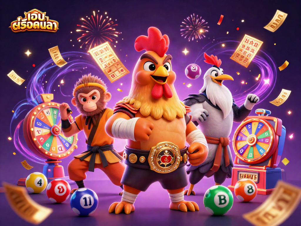 Engage with เว็บสล็อตตรง through a vibrant 3D illustration showcasing a Muay Thai rooster, Shaolin monkey, and crane master surrounded by lottery elements.