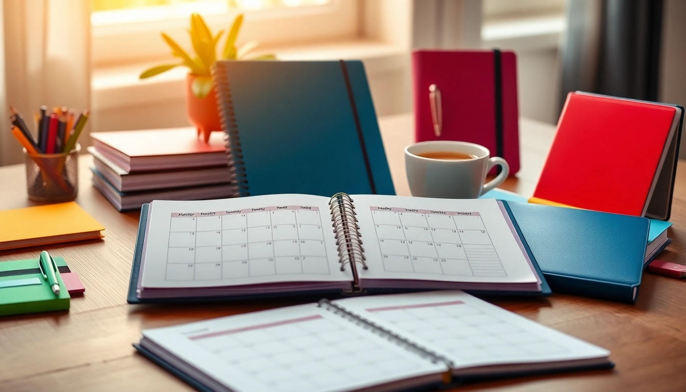 Custom Monthly Planners in vibrant designs on a desk with stationery and coffee.