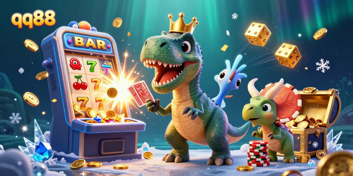 Engage with qq88's thrilling slot scene featuring a T-Rex and colorful casino elements.