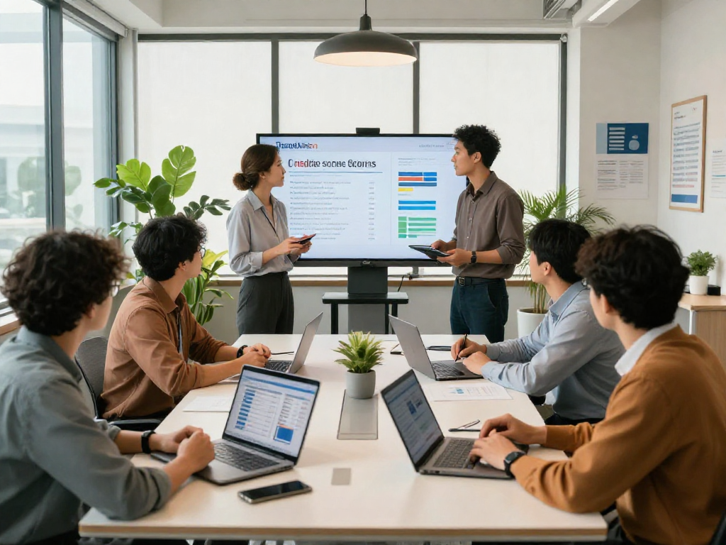 Workshop discussing TransUnion credit strategies with diverse professionals engaged and collaborating in a modern office setting.