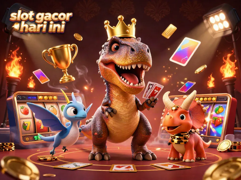 Visualisasi slot gacor hari ini, T-Rex memainkan kartu di kasino dengan elemen slot dan koin emas.