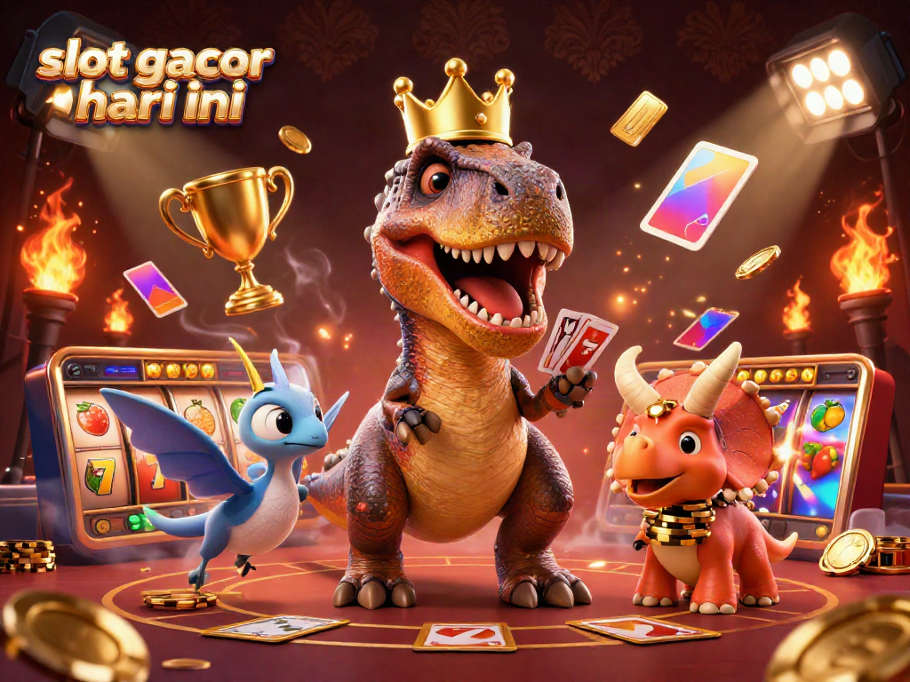 Visualisasi slot gacor hari ini, T-Rex memainkan kartu di kasino dengan elemen slot dan koin emas.