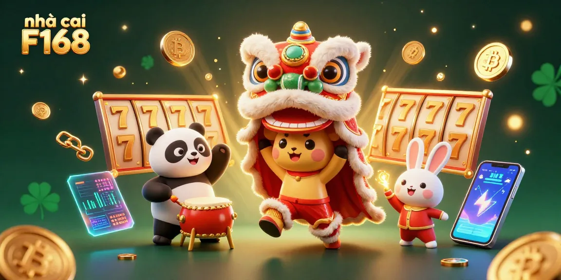 Engage with nhà cái F168 at a vibrant casino scene featuring a lion dance and game elements.
