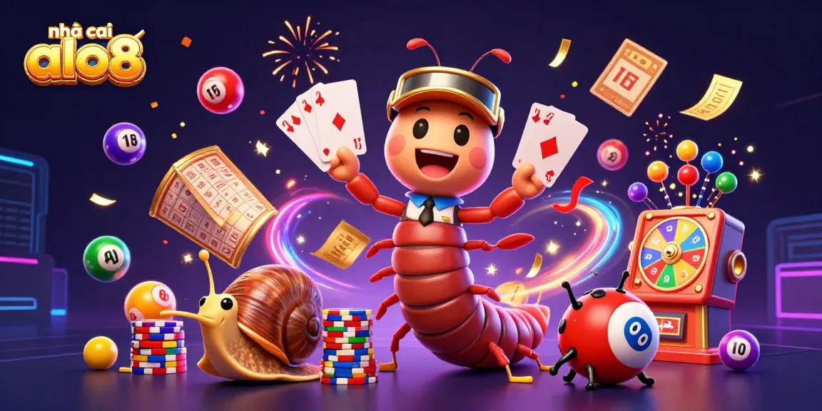 Engage with the vibrant scene celebrating nhà cái alo8, featuring a millipede dealer among dynamic lottery and casino elements.