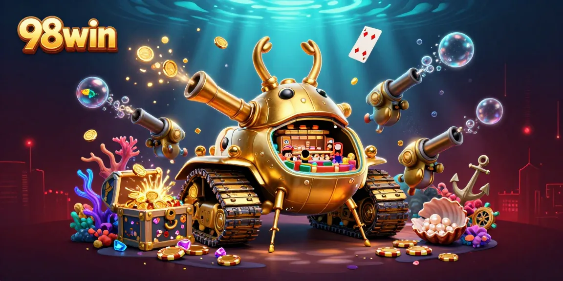Engage in thrilling games at 98win with a vibrant casino scene showcasing gold mines and underwater treasures.