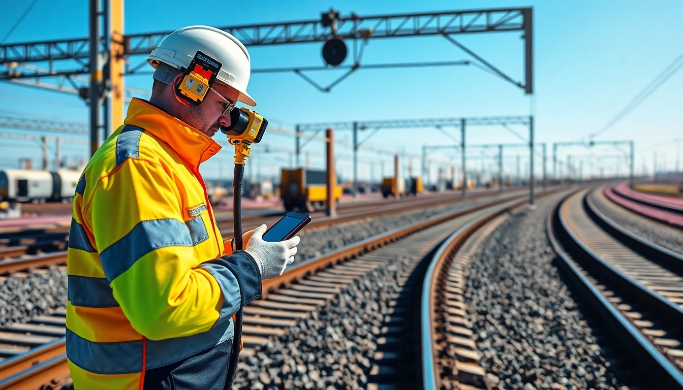 Technician performing track inspection on railway tracks using specialized equipment.