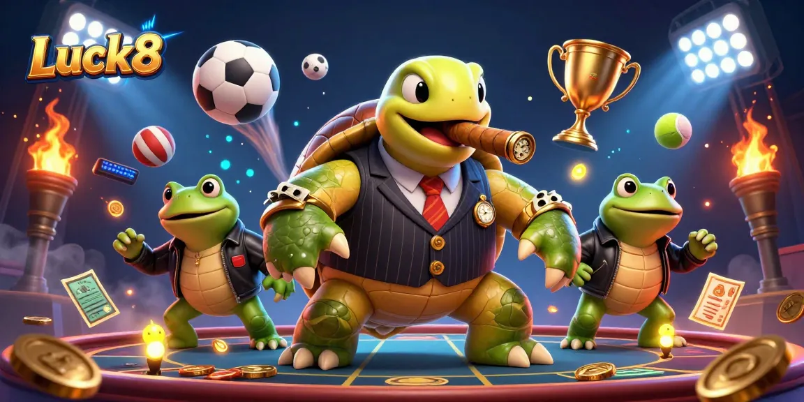 Experience the thrill of Luck8 with a vibrant casino scene featuring a snapping turtle and bullfrog enforcers.