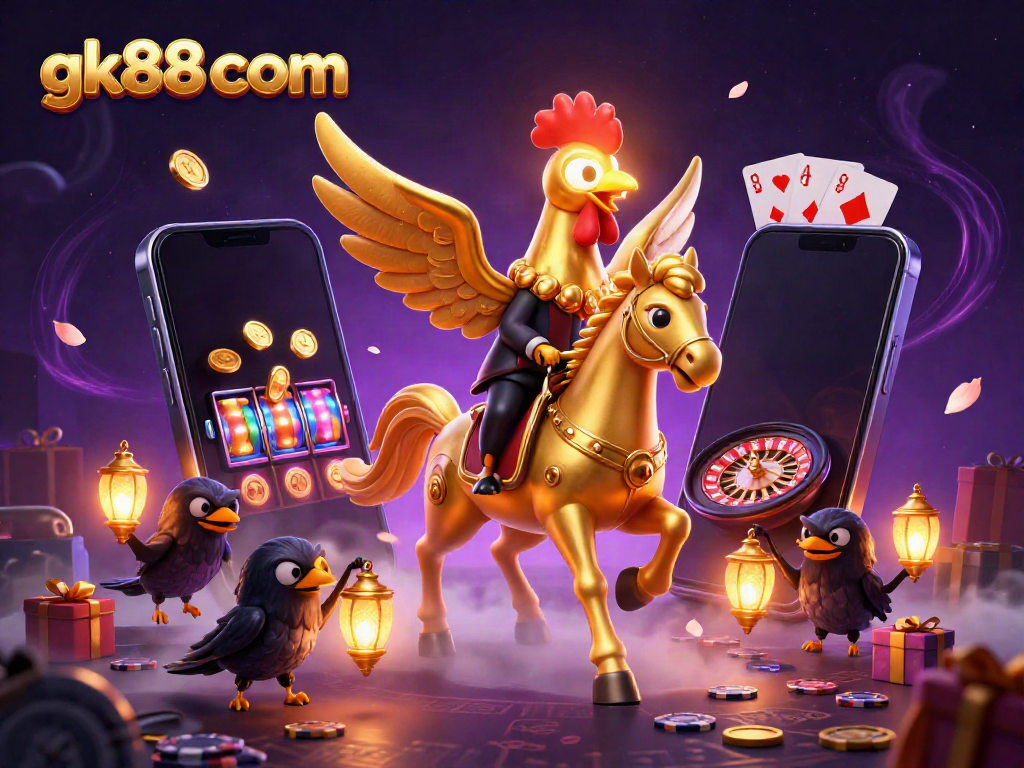 Experience thrilling gaming at gk88 com with a golden rooster amidst casino magic and jackpot excitement.