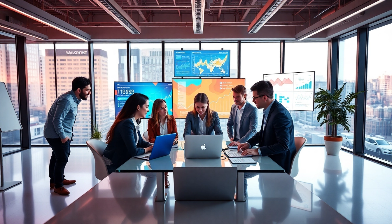 Leading digital marketing agency team brainstorming strategies in a modern office setting.