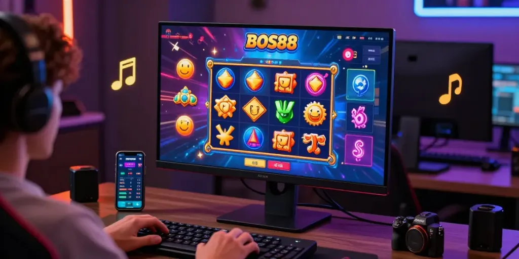 BOS88 online gaming interface with vibrant icons and live stats, showcasing an engaging environment for players.