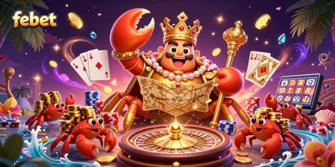 Join the fun and win big at febet, featuring a lavish crab emperor amidst shimmering casino elements.