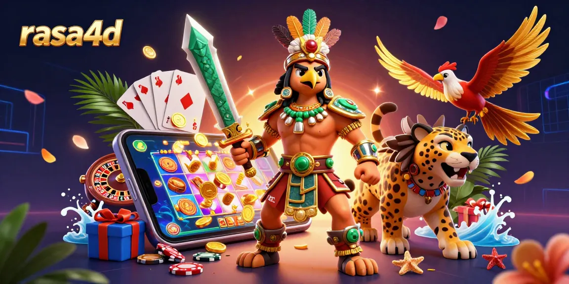 Rasakan keseruan permainan slot dan keuntungan dari rasa4d dengan ilustrasi karakter Aztec di kasino.