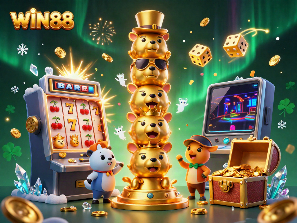 Experience WIN88 excitement with colorful slots and gold treasures in an immersive casino scene.