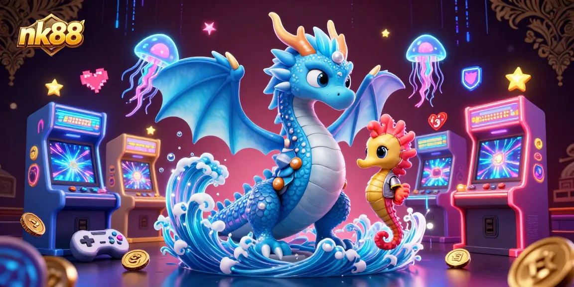 Engage with nk88 games, featuring a dragon and a knight in a vibrant casino scene.