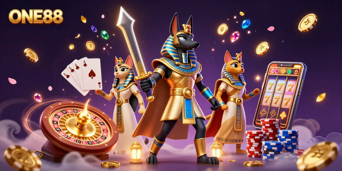 Experience thrilling gaming action with ONE88's vibrant illustration of Anubis and Bastet amidst casino excitement.