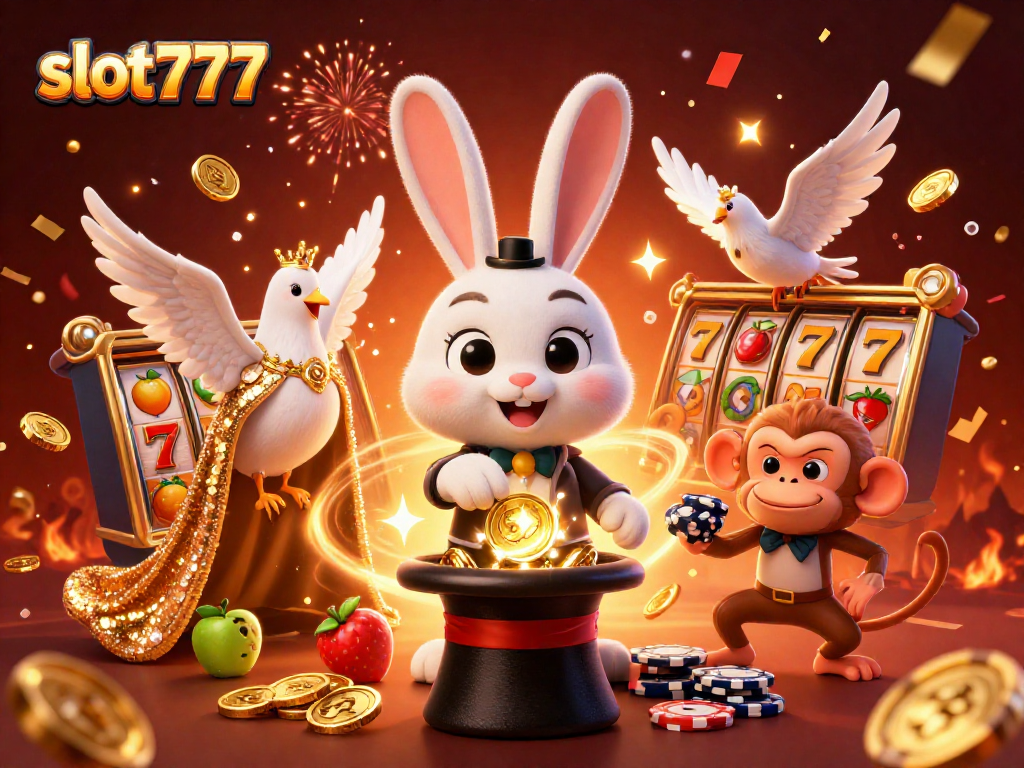 Experience the thrill of slot777 gaming with a magical scene of a rabbit, dove, and monkey in a casino.