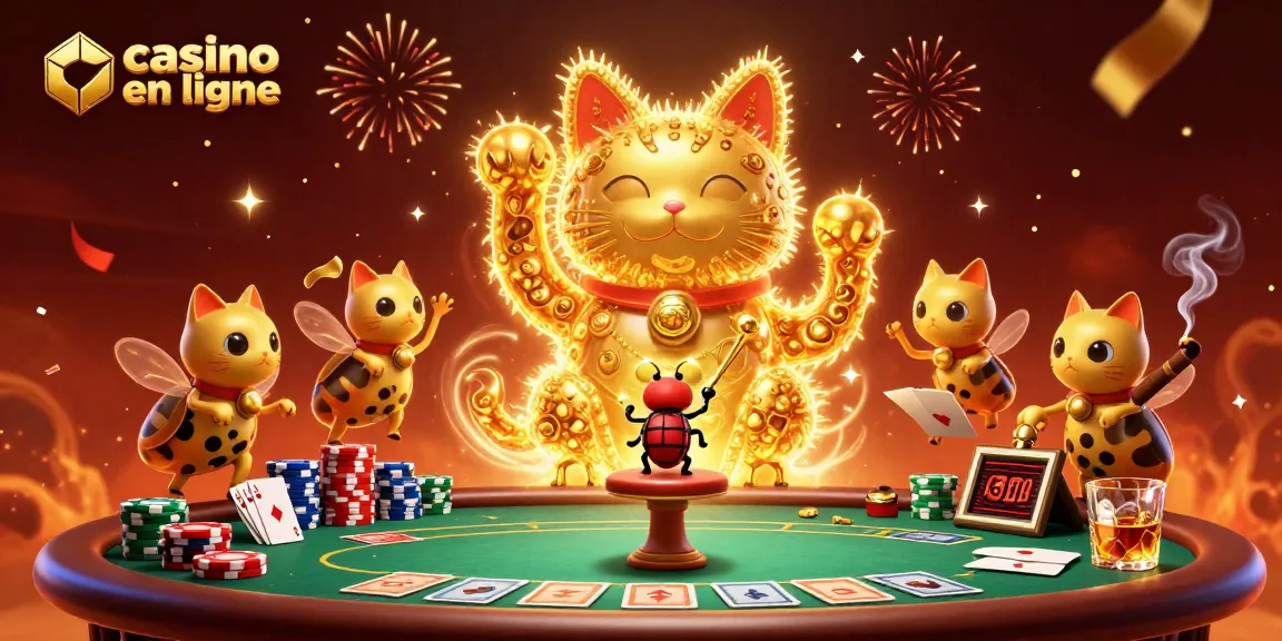 Une illustration 3D captivante représentant un chat porte-bonheur en feuillage doré, symbolisant le casino en ligne.