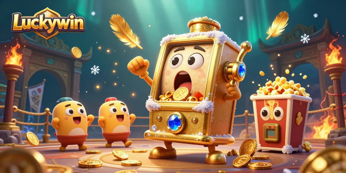 Experience Luckywin excitement as a golden slot machine hits a jackpot, surrounded by cheering baby slots.