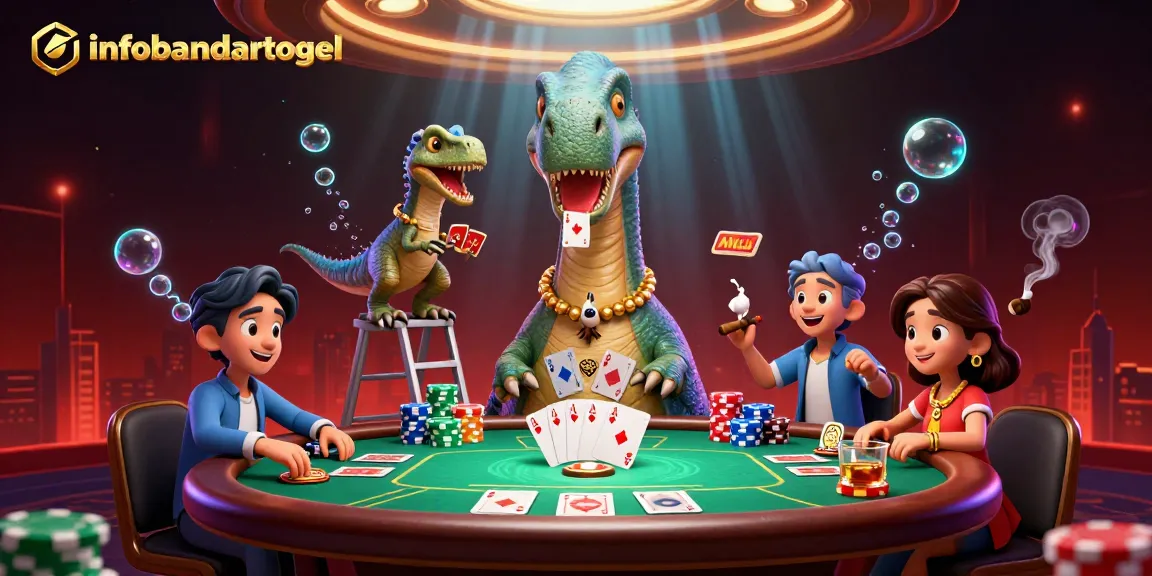 Engage with infobandartogel in this vibrant casino scene featuring a towering brontosaurus and clever raptor dealing cards.