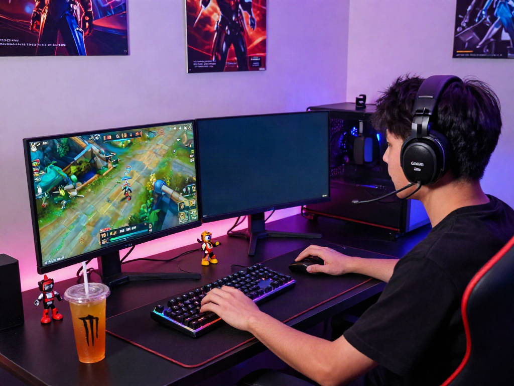 Engaged gamer experiencing qqmacan link in an immersive online gaming setup with dynamic lighting.