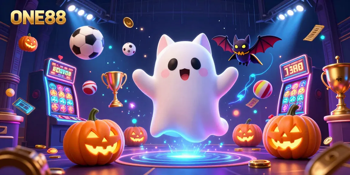ONE88 offers an exciting gaming experience with a friendly ghost cat and dynamic sports elements in a vibrant casino.
