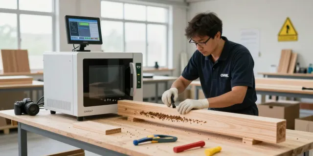 SHASHEL® microwave equipment efficiently eliminating wood-boring insects in a modern workshop.