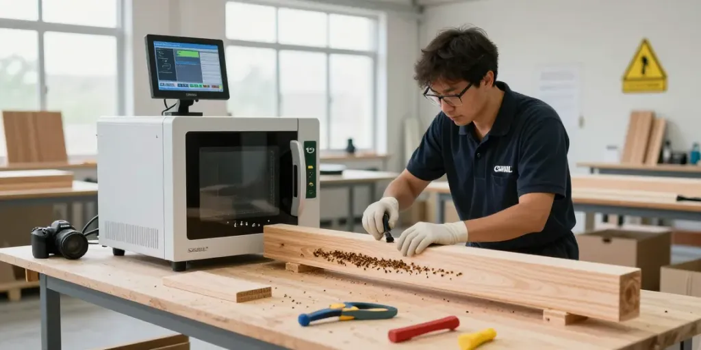 SHASHEL® microwave equipment efficiently eliminating wood-boring insects in a modern workshop.