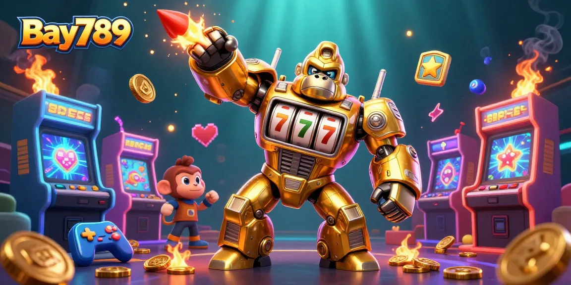 Experience excitement at Bay789 with a whimsical golden gorilla mech, showcasing casino fun!