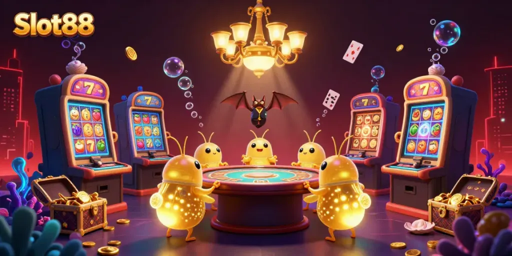 Experience the vibrant Slot88 casino with glowing glowworms, colorful slot machines, and a bat dealer.