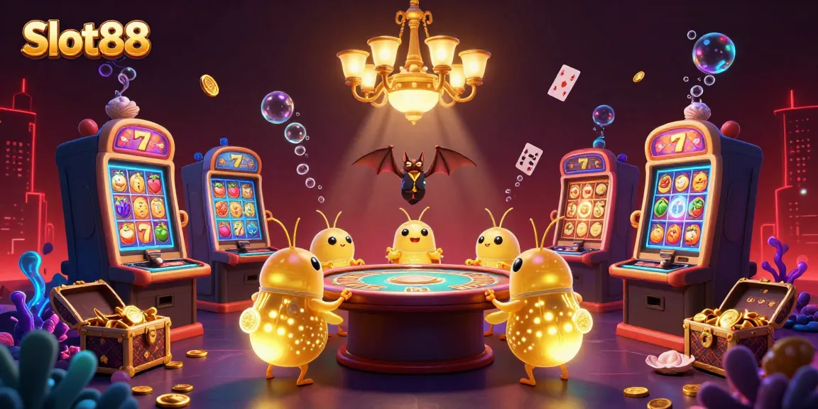 Experience the vibrant Slot88 casino with glowing glowworms, colorful slot machines, and a bat dealer.