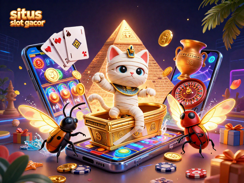 Engage with situs slot gacor through this dynamic illustration featuring a mummy cat and rich casino elements.