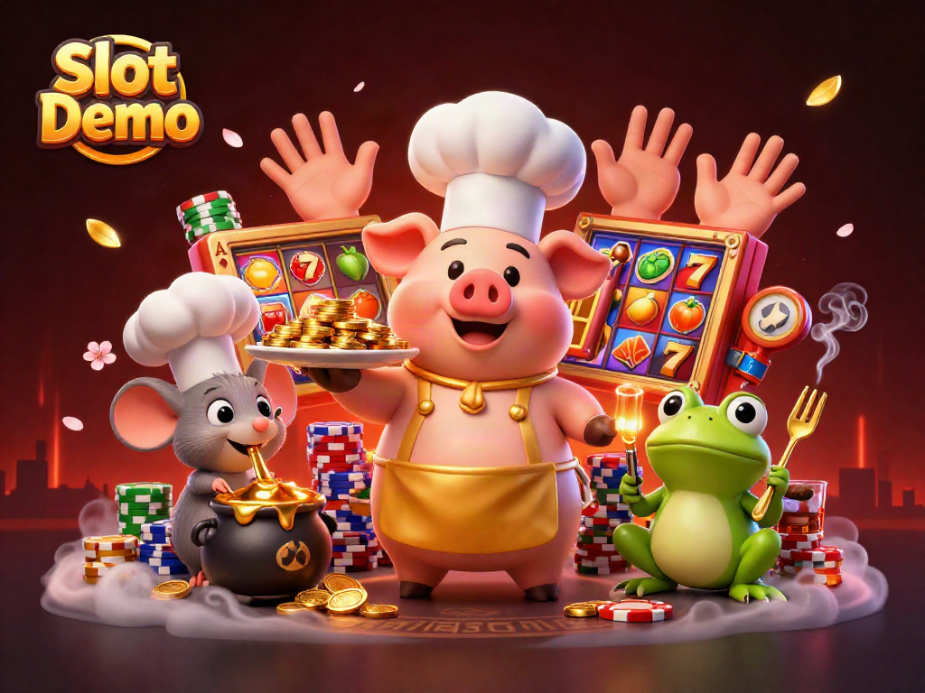 Play Slot Demo with vibrant characters, golden coins, and thrilling slots in an engaging casino scene.