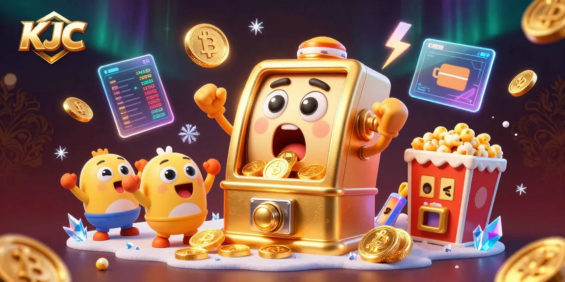 KJC celebrates a jackpot with multiple golden slot machines and cryptocurrency elements in a vibrant casino scene.