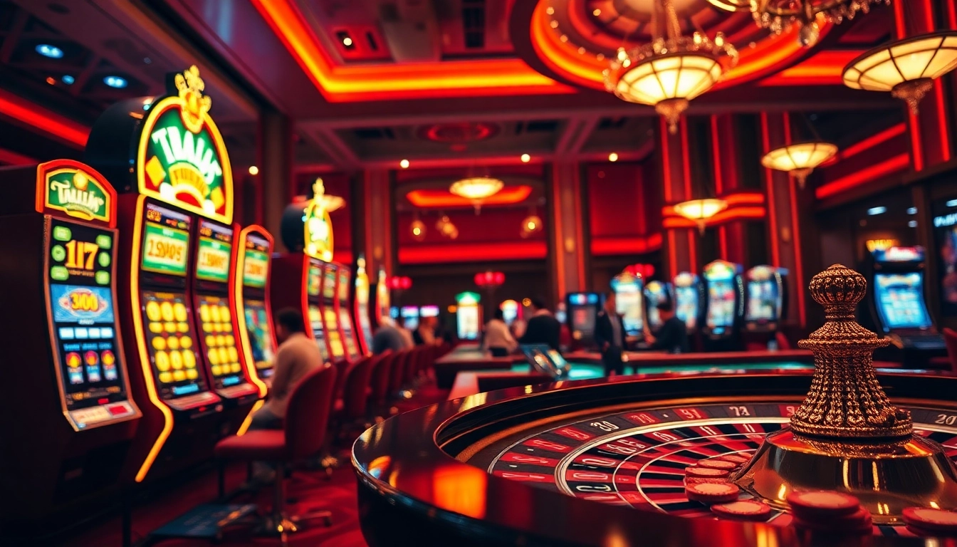 Memenangkan permainan ARAHTOGEL di kasino yang megah dengan mesin slot dan meja roulette.
