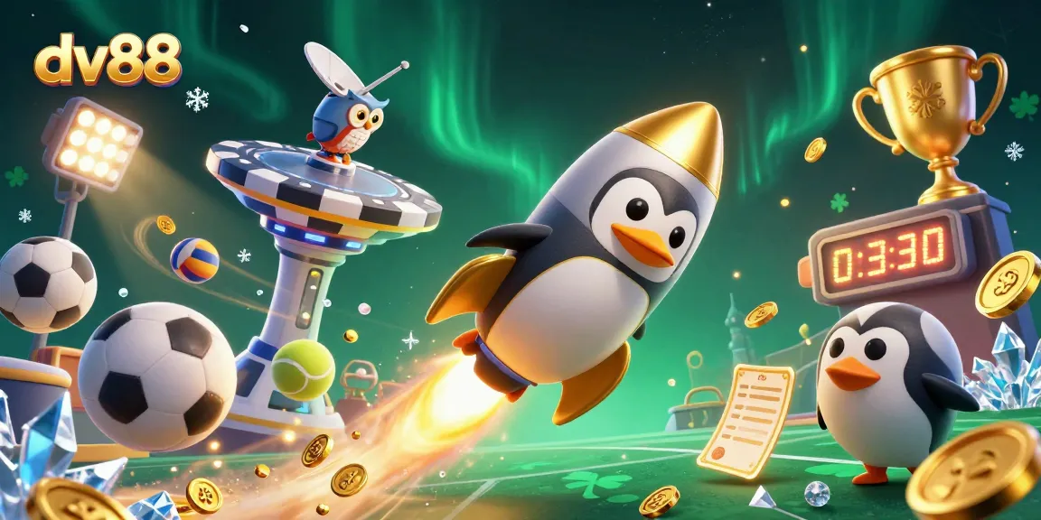 Engage with dv88's exciting atmosphere as a golden penguin zooms towards a poker chip casino.