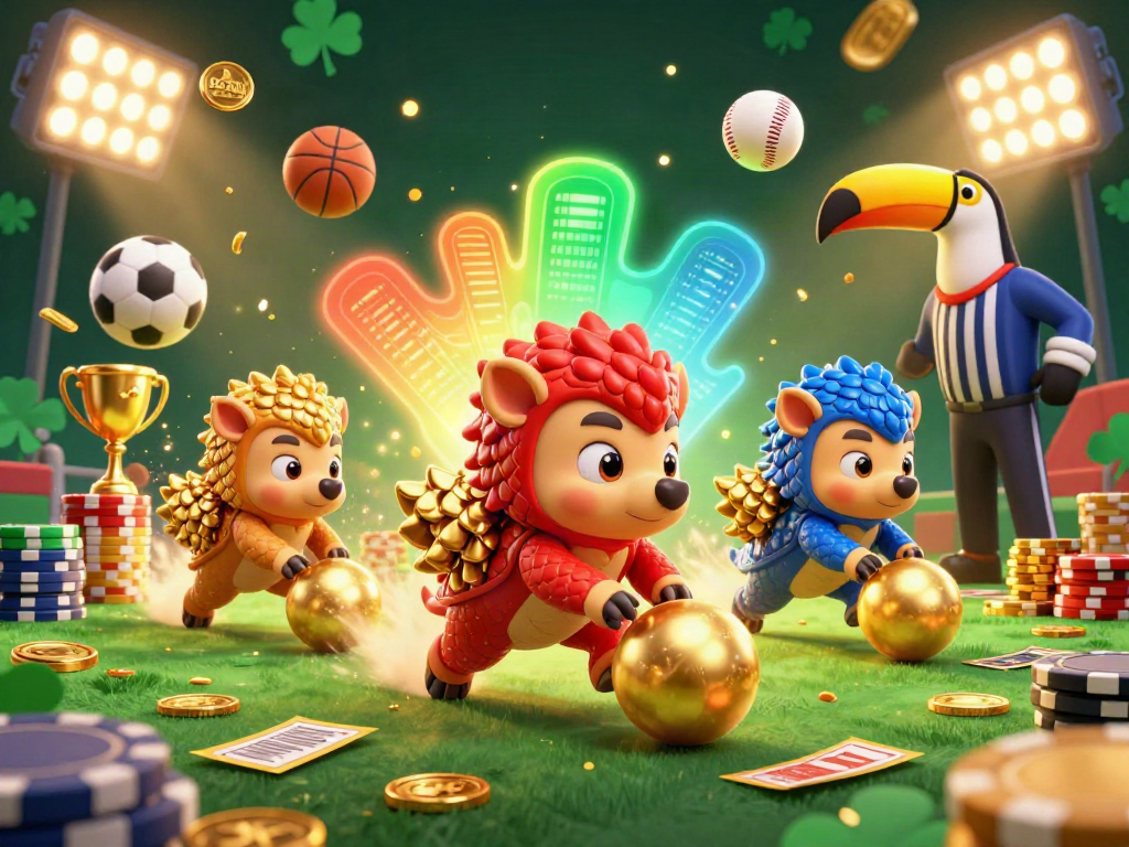 Engage with B52club as pangolins compete in a dynamic casino game featuring golden trophies and vibrant sports elements.