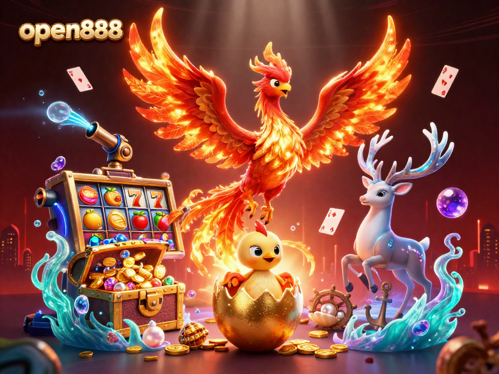Experience thrill and excitement at open888 with a vibrant casino scene featuring dynamic characters and symbols.