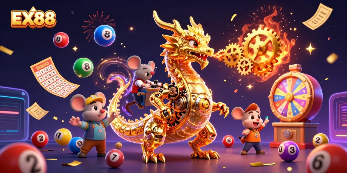 Engage with EX88's vibrant lottery scene featuring a biomechanical dragon amidst colorful games and dynamic casino elements.