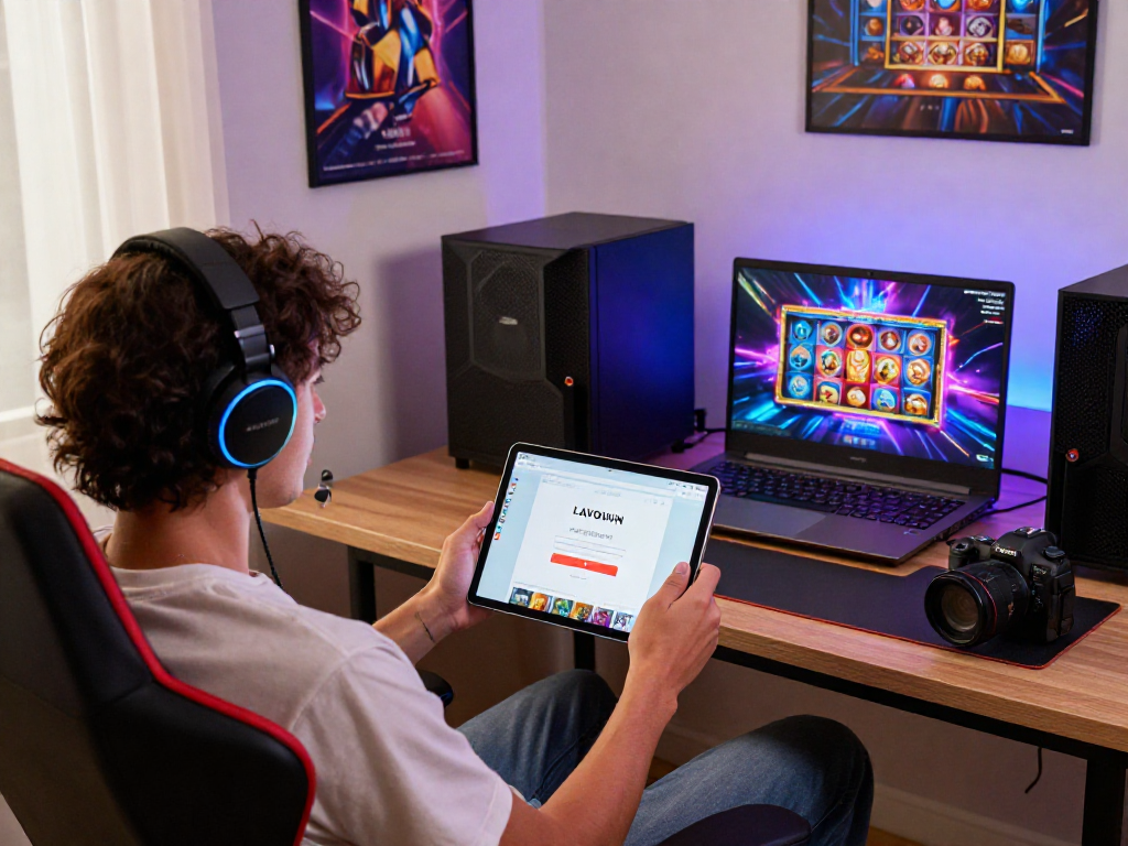 User interacting with LAVOWIN platform on tablet, showcasing a modern digital gaming setup in a cozy home environment.