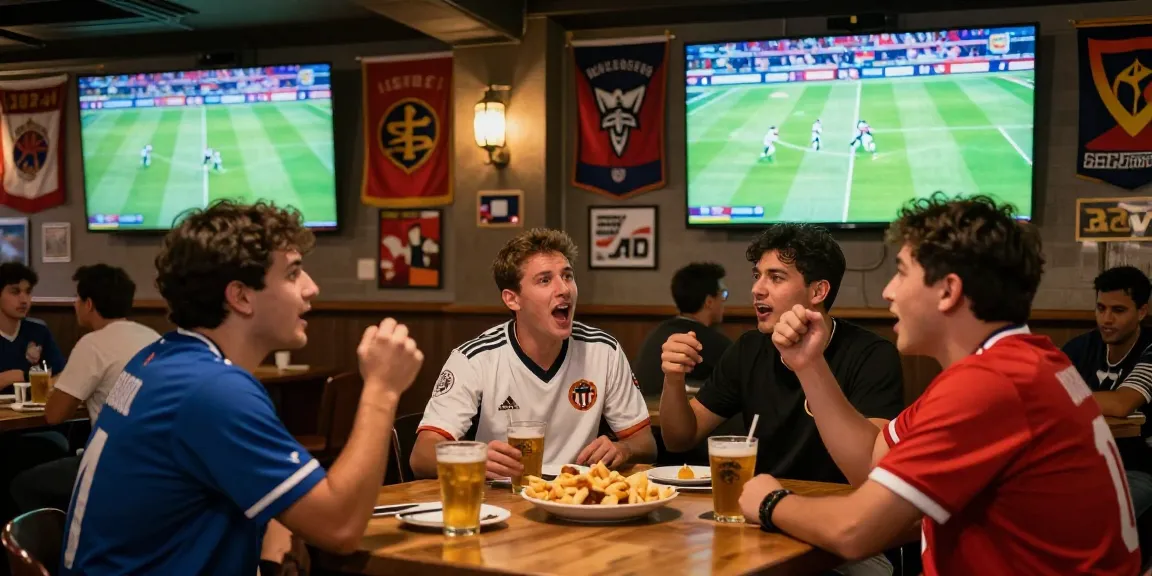 Fans enjoying live scores and results on 7mcn at a sports bar.