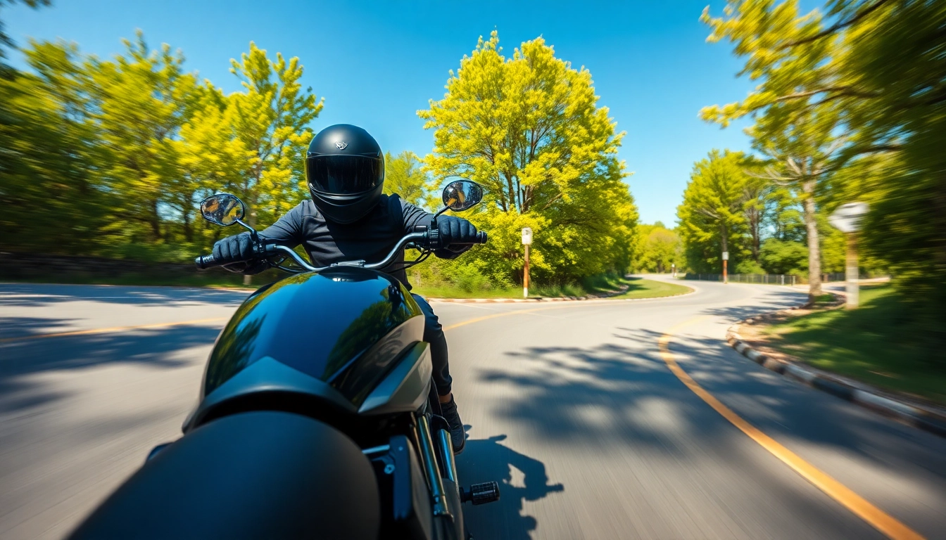 Rider navigating a beautiful road, promoting ride safe ride smart principles and safety gear.