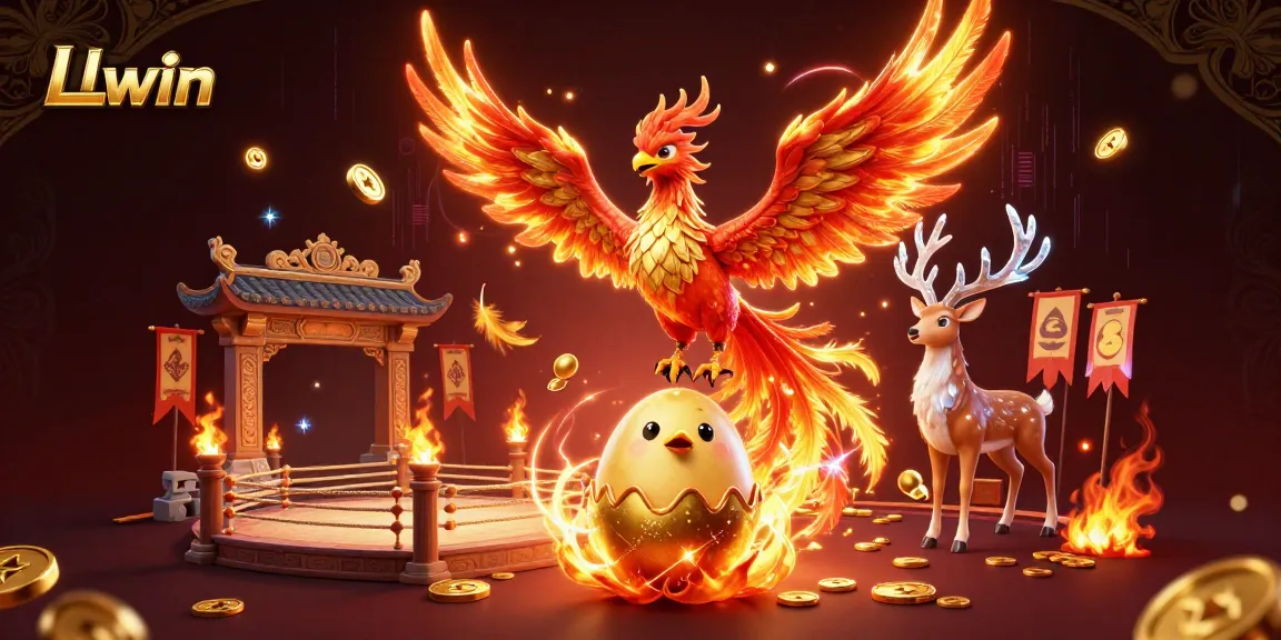 Experience thrilling gaming action at Llwin with an enchanting phoenix and mystical stag amidst golden coins and betting tokens.