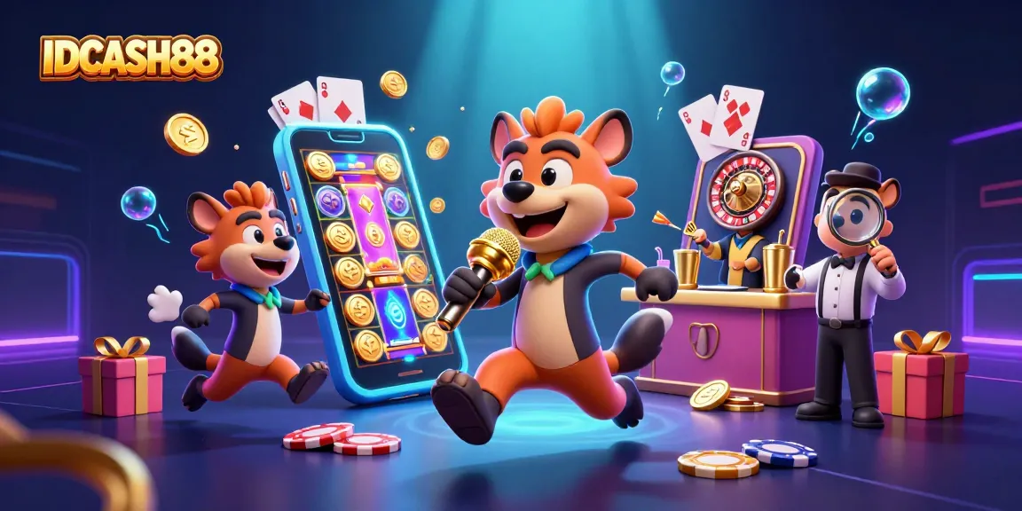 Experience IDCASH88's lively 3D casino scene with hyenas enjoying gaming and comedy.