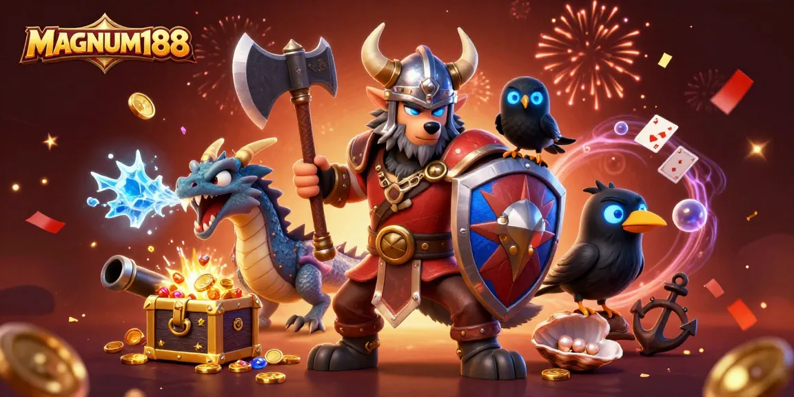 Experience excitement with MAGNUM188's vibrant gaming scene featuring mythical characters and rich treasures.